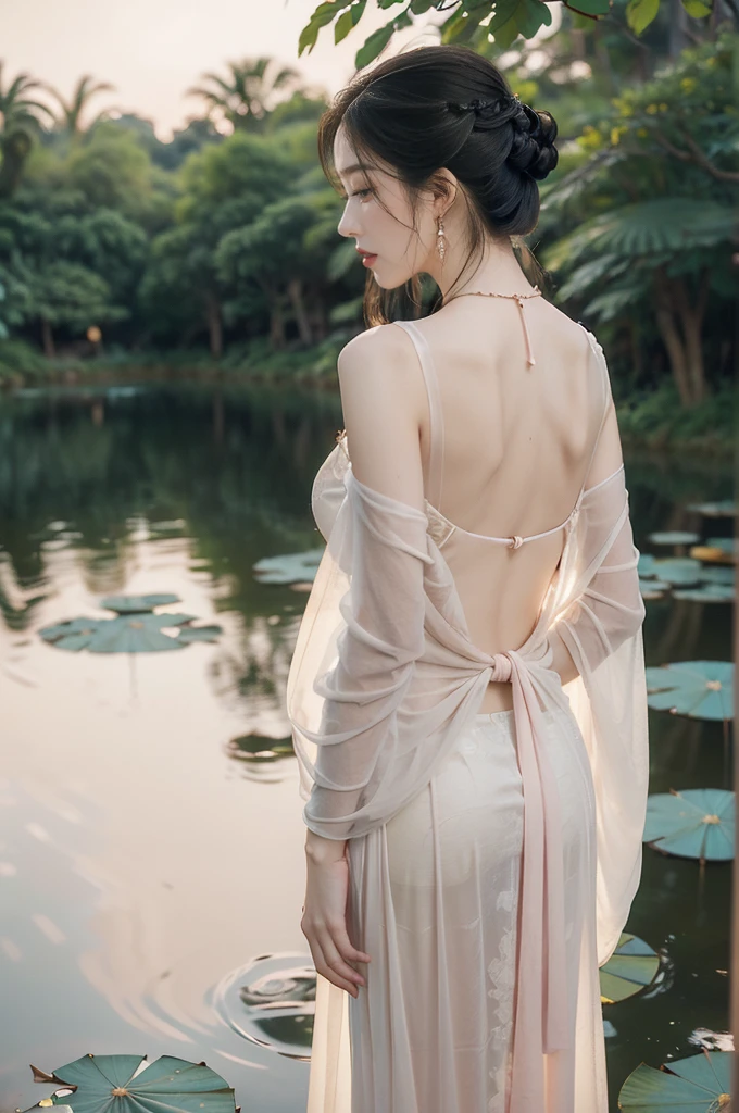 (((best quality))),(((ultra detailed))),(((masterpiece))),illustration,((1 beautiful young girl,solo)),((slim,thin)),(shoulder length straight hair:1.2),((earrings,necklace)),((bare back,towering hips,butt crack,shoulder off)),(see through traditional pink sheer Hanfu dress:1.3),(beside the lotus pond full of lotus flowers:1.3), serene moonlight, ethereal,floral pattern, water movement, billowing fabric, tranquil, moon reflection, petals, fireflies, magical, light,warm light, dreams, invitation, standing, gazing, reflection, inner thoughts, emotional, sweet scent, natural beauty, solitude, hypnotic lull, eternal summer night, natural world, human spirit, celebration, backdrop, water, glow,((from back,upper body))