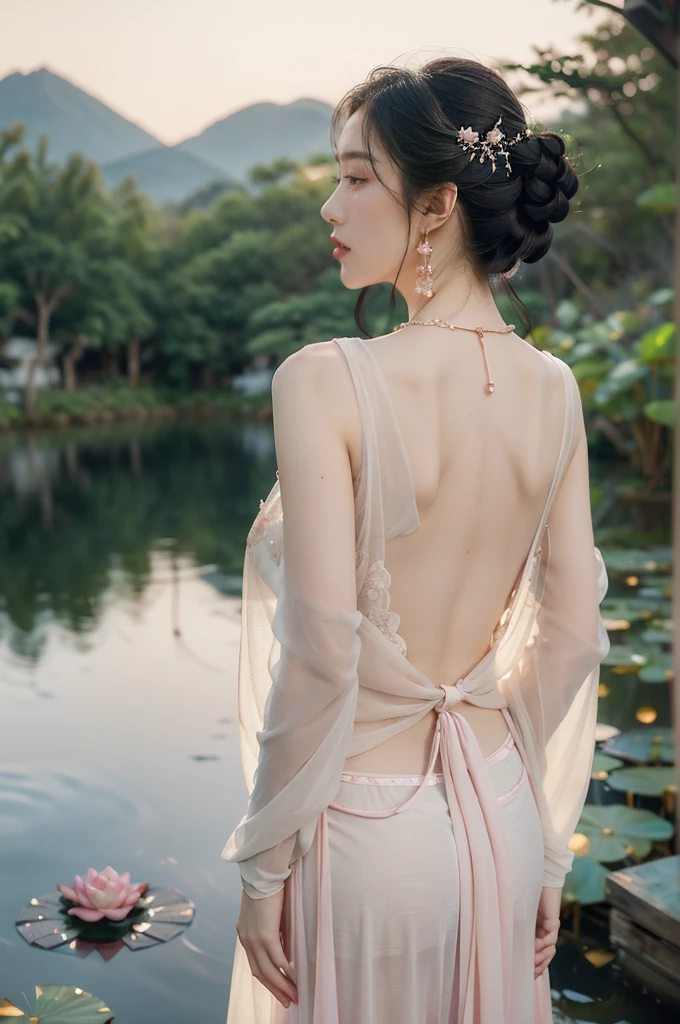 (((best quality))),(((ultra detailed))),(((masterpiece))),illustration,((1 beautiful young girl,solo)),((slim,thin)),(shoulder length straight hair:1.2),((earrings,necklace)),((bare back,towering hips,butt crack,shoulder off)),(see through traditional pink sheer Hanfu dress:1.3),(beside the lotus pond full of lotus flowers:1.3), serene moonlight, ethereal,floral pattern, water movement, billowing fabric, tranquil, moon reflection, petals, fireflies, magical, light,warm light, dreams, invitation, standing, gazing, reflection, inner thoughts, emotional, sweet scent, natural beauty, solitude, hypnotic lull, eternal summer night, natural world, human spirit, celebration, backdrop, water, glow,((from back,upper body))