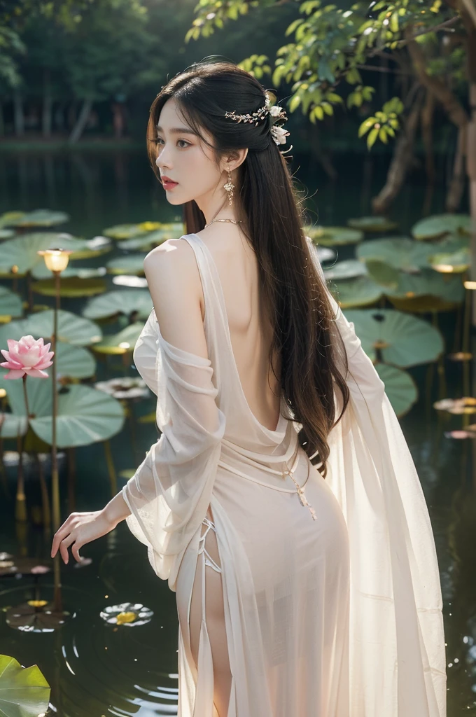(((best quality))),(((ultra detailed))),(((masterpiece))),illustration,((1 beautiful young girl,solo)),((slim,thin)),(shoulder length straight hair:1.2),((earrings,necklace)),((bare back,towering hips,butt crack,shoulder off)),(see through traditional pink sheer Hanfu dress:1.3),(beside the lotus pond full of lotus flowers:1.3), serene moonlight, ethereal,floral pattern, water movement, billowing fabric, tranquil, moon reflection, petals, fireflies, magical, light,warm light, dreams, invitation, standing, gazing, reflection, inner thoughts, emotional, sweet scent, natural beauty, solitude, hypnotic lull, eternal summer night, natural world, human spirit, celebration, backdrop, water, glow,((from back,upper body))