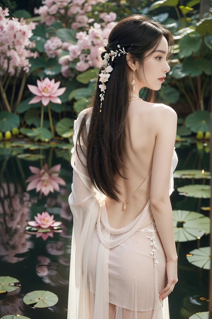 (((best quality))),(((ultra detailed))),(((masterpiece))),illustration,((1 beautiful young girl,solo)),((slim,thin)),(shoulder length straight hair:1.2),((earrings,necklace)),((bare back,towering hips,butt crack,shoulder off)),(see through traditional pink sheer Hanfu dress:1.3),(beside the lotus pond full of lotus flowers:1.3), serene moonlight, ethereal,floral pattern, water movement, billowing fabric, tranquil, moon reflection, petals, fireflies, magical, light,warm light, dreams, invitation, standing, gazing, reflection, inner thoughts, emotional, sweet scent, natural beauty, solitude, hypnotic lull, eternal summer night, natural world, human spirit, celebration, backdrop, water, glow,((from back,upper body))