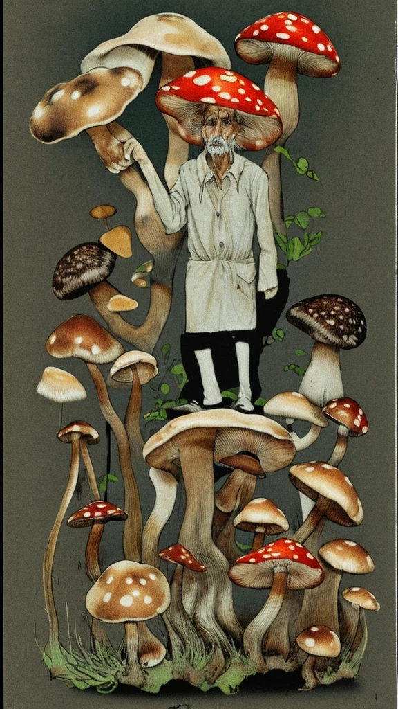 A man infested with mushrooms, an elderly man, parasitic mushrooms