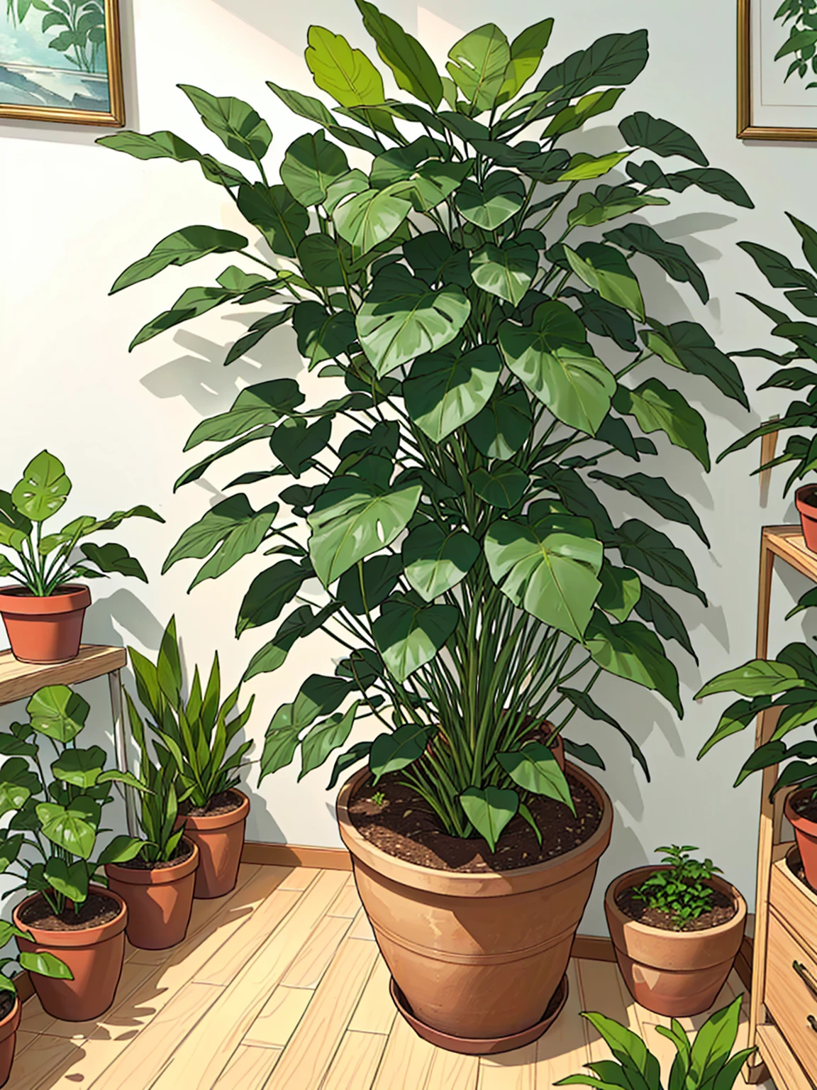 a close up of a plant in the pot in a living room, Large indoor plants, large plant in the pot, home plant, unique pot made for home plants, plant in the pot, huge ficus macrophylla, houseplants, home plants, large leaves, large plants in the background, lush plant growth, large leaves, foliage and stems, potted plants, green plant, Lush plants