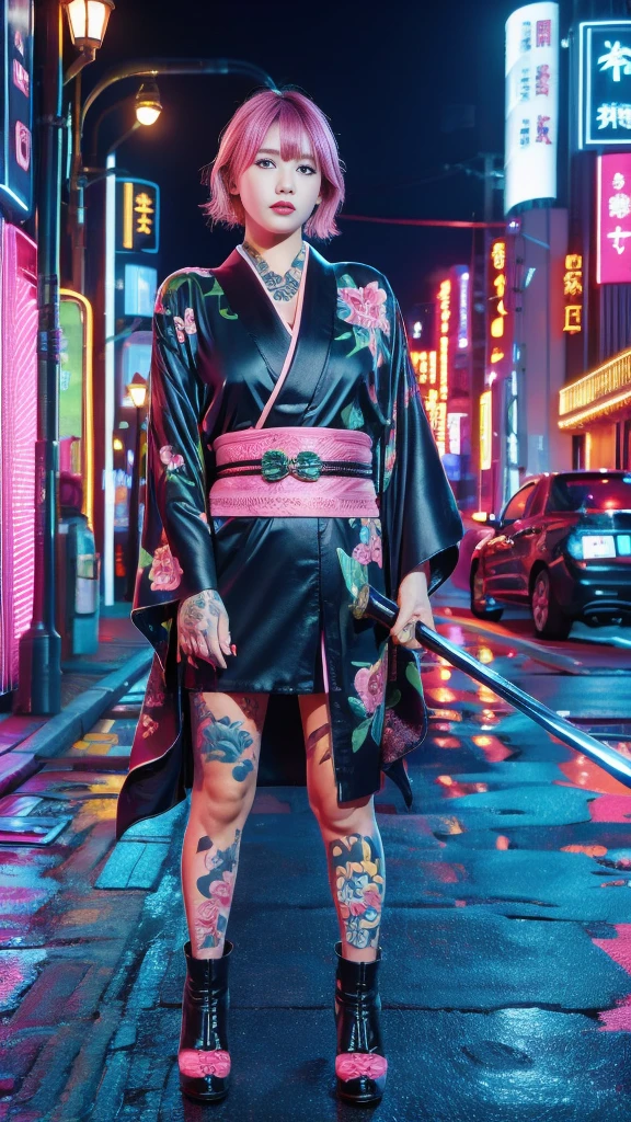 Beautiful Chinese woman, (16 years old), cute face, red lips, white moist skin, moles, (under-eye bags),
BREAK,
Feminine body with high athletic ability, Body of a female fitness model, Feminine body with hard tones, (Muscles: 1.2), (Beautiful belly button),
BREAK,
Fighter, Kung Fu fighter, Idol, (Yakuza), (Yakuza),
BREAK,
(Wearing a cute black kimono: 1.3), (Kimono with a lot of exposure), (Stiletto heels, black long boots 1.3), necklace, very large earrings, short length,
BREAK,
Short hair, (Short bob hair), (Bangs: 1.2), (Pink hair: 1.3), (Wavy hair),
BREAK,
(Very large Japanese sword: 1.4), (Holding the handle of a Japanese sword: 1.3), (Fighting: 1.2), (Getting into a fighting stance), (Beautiful blade of a Japanese sword: 1.2)
BREAK,
(Japanese tattoo: 1.4),
BREAK,
Masterpiece, Perfect lighting, Ultra high resolution, 8K, (Highly detailed: 1.4), (From the front), Looking at the camera, Melancholic expression,
BREAK,
(Tokyo city, lots of people in the background: 1.2), Shibuya city background in Tokyo, Japan, (Neon lights: 1.2)