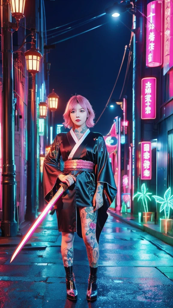 Beautiful Chinese woman, (16 years old), cute face, red lips, white moist skin, moles, (under-eye bags),
BREAK,
Feminine body with high athletic ability, Body of a female fitness model, Feminine body with hard tones, (Muscles: 1.2), (Beautiful belly button),
BREAK,
Fighter, Kung Fu fighter, Idol, (Yakuza), (Yakuza),
BREAK,
(Wearing a cute black kimono: 1.3), (Kimono with a lot of exposure), (Stiletto heels, black long boots 1.3), necklace, very large earrings, short length,
BREAK,
Short hair, (Short bob hair), (Bangs: 1.2), (Pink hair: 1.3), (Wavy hair),
BREAK,
(Very large Japanese sword: 1.4), (Holding the handle of a Japanese sword: 1.3), (Fighting: 1.2), (Getting into a fighting stance), (Beautiful blade of a Japanese sword: 1.2)
BREAK,
(Japanese tattoo: 1.4),
BREAK,
Masterpiece, Perfect lighting, Ultra high resolution, 8K, (Highly detailed: 1.4), (From the front), Looking at the camera, Melancholic expression,
BREAK,
(Tokyo city, lots of people in the background: 1.2), Shibuya city background in Tokyo, Japan, (Neon lights: 1.2)