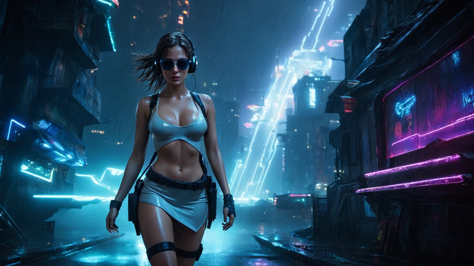 (aerial view, a flying cars docking platform, a very dark abandoned futuristic city, neon lights), rainy night. A girl as Lara Croft, solo, alone, large-breast:1.2 slim body, cleavage:1.1, sexy wind blowing wet dress:1.4, (headphone, black sunglasses), (((((she raised:1.8 a pistol:1.8 and took aim at viewer))))), dynamic pose, (((half-body thigh level medium shot))), cinematic lighting, lens flare, ray tracing.