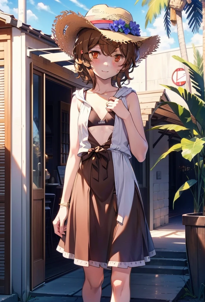 Lililukarde, Liliruka gets burned, , (Brown eyes:1.7), Brown Hair, (Flat Chest:1.2), smile,blush,Straw hat short hair,Brown sleeveless dress,Brown long skirt,Heeled Sandals,Walking,sunset,evening,The sun is setting,whole bodyがイラストに入るように,
break looking at viewer,whole body, (Cowboy Shot:1. 5)
break outdoors, Building district,Palm tree,Tropical,
break (masterpiece:1.2), Highest quality, High resolution, unity 8k wallpaper, (figure:0.8), (Beautiful attention to detail:1.6), Highly detailed face, Perfect lighting, Highly detailed CG, (Perfect hands, Perfect Anatomy),