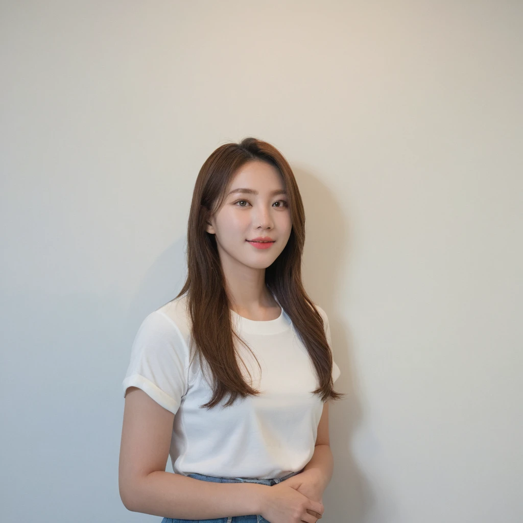 Best Quality, 8k, Masterpiece, (Portrait: 1.3), (photo realistic:1.4), (hyper realistic:1.4), Sharp Focus, looking at viewer, (smoother lighting:1.1), (increase cinematic lighting quality:0.9), realistic lighting, backlighting, light on face, ray trace, (brightening light:1.2), (Increase quality:1.4), sharp detail, (best quality real texture skin:1.4), finely detailed eyes, black_eyes, finely detailed face, 25 year old Korean woman, (rilled_shirt:1.4), (Create an image maintaining the original base model hairstyle:1.5),smiling_face