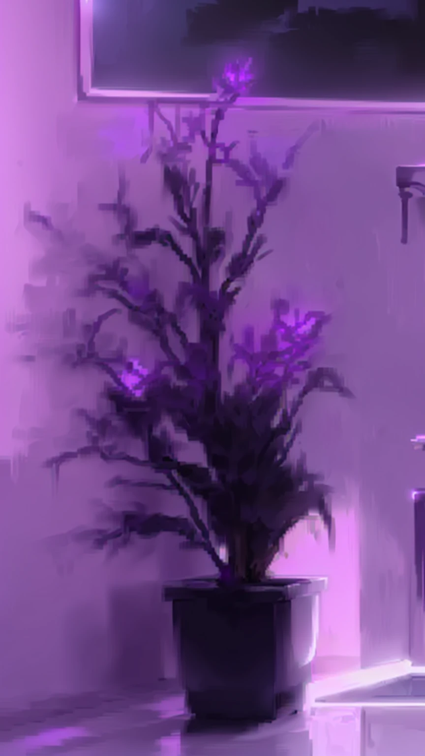 purple light shining on a bathroom sink with a plant in a pot, glowing purple, Purple glow, purple - tinted, dark purple lighting, purple volumetric lighting, soft Purple glow, purple theme, purple lighting, purple hue, Violet Ambient Light, A little purple, purple aesthetic, purple lighting, purple light, purple accent lighting, purple lighting сцены, cool purple lighting