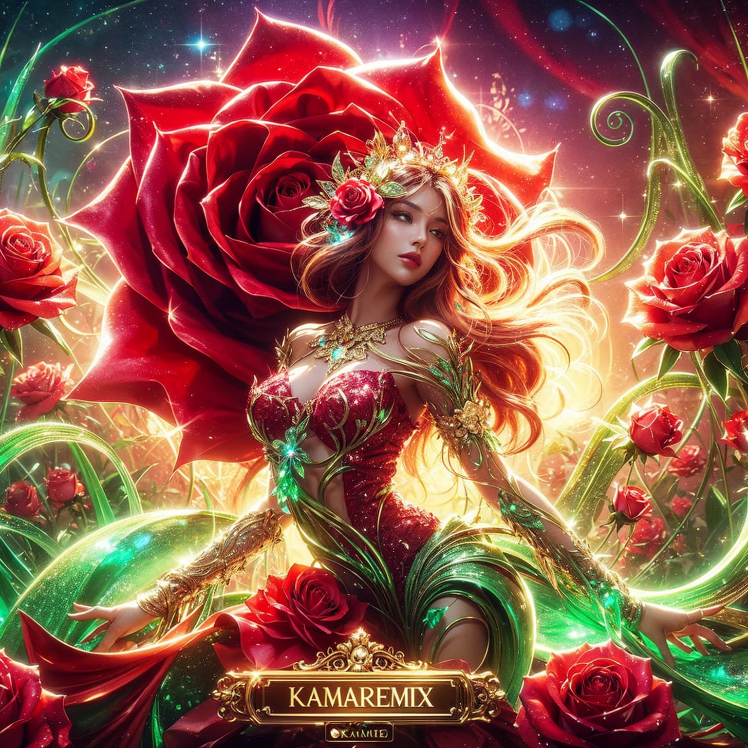 Stunning fantasy art of a Red Rose transforming into a beautiful woman, with soft curves and layered designs, sparkling green rose stems twisting around her, The figure is a mix of sparkling red and gold, and stands facing the viewer against a backdrop of a rose garden brightly shining. ther is a large sign text box that says "KAMAREMIX" in bold and shiny gold letters. with a colorful and bright palette, enhanced by the HDR effect.