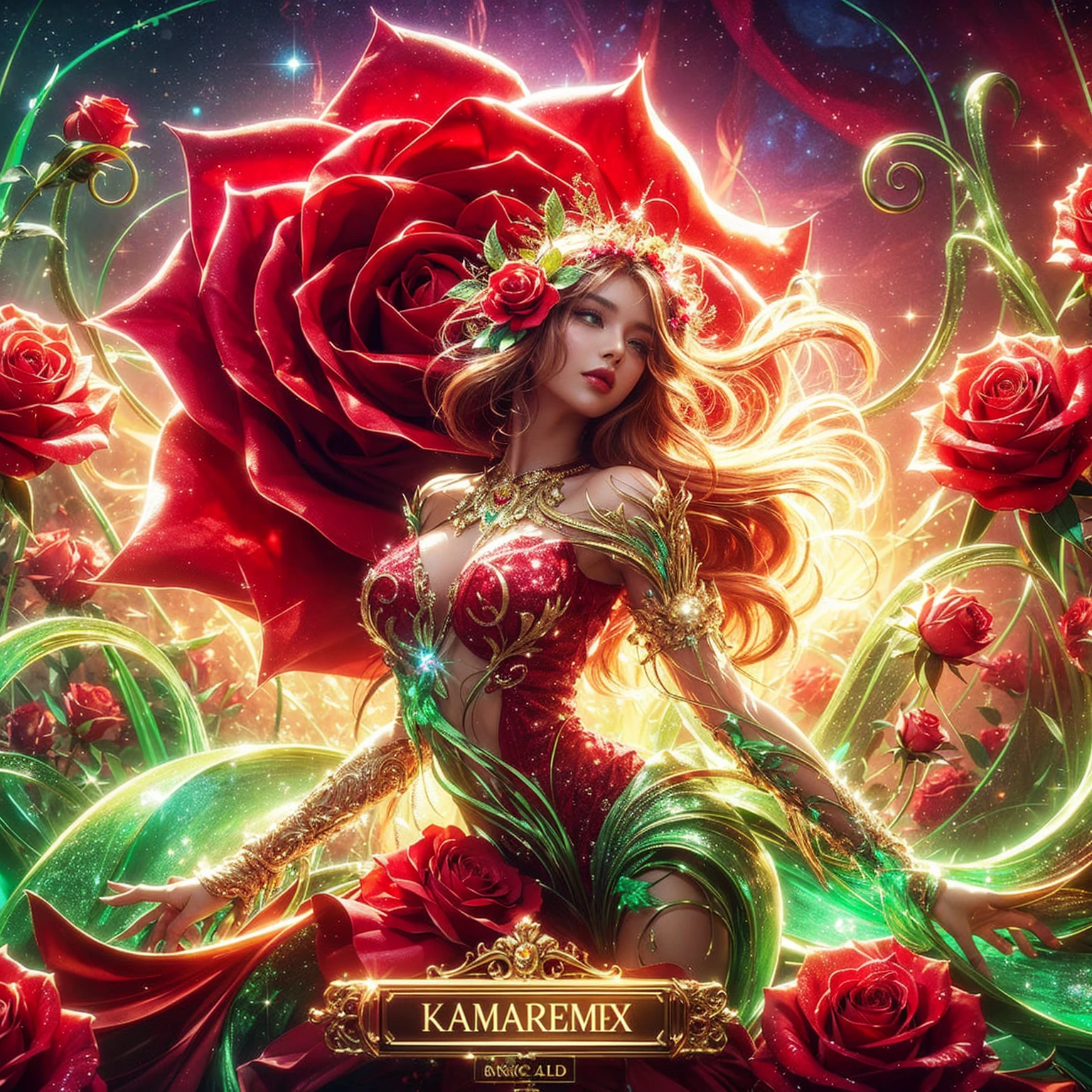 Stunning fantasy art of a Red Rose transforming into a beautiful woman, with soft curves and layered designs, sparkling green rose stems twisting around her, The figure is a mix of sparkling red and gold, and stands facing the viewer against a backdrop of a rose garden brightly shining. ther is a large sign text box that says "KAMAREMIX" in bold and shiny gold letters. with a colorful and bright palette, enhanced by the HDR effect.