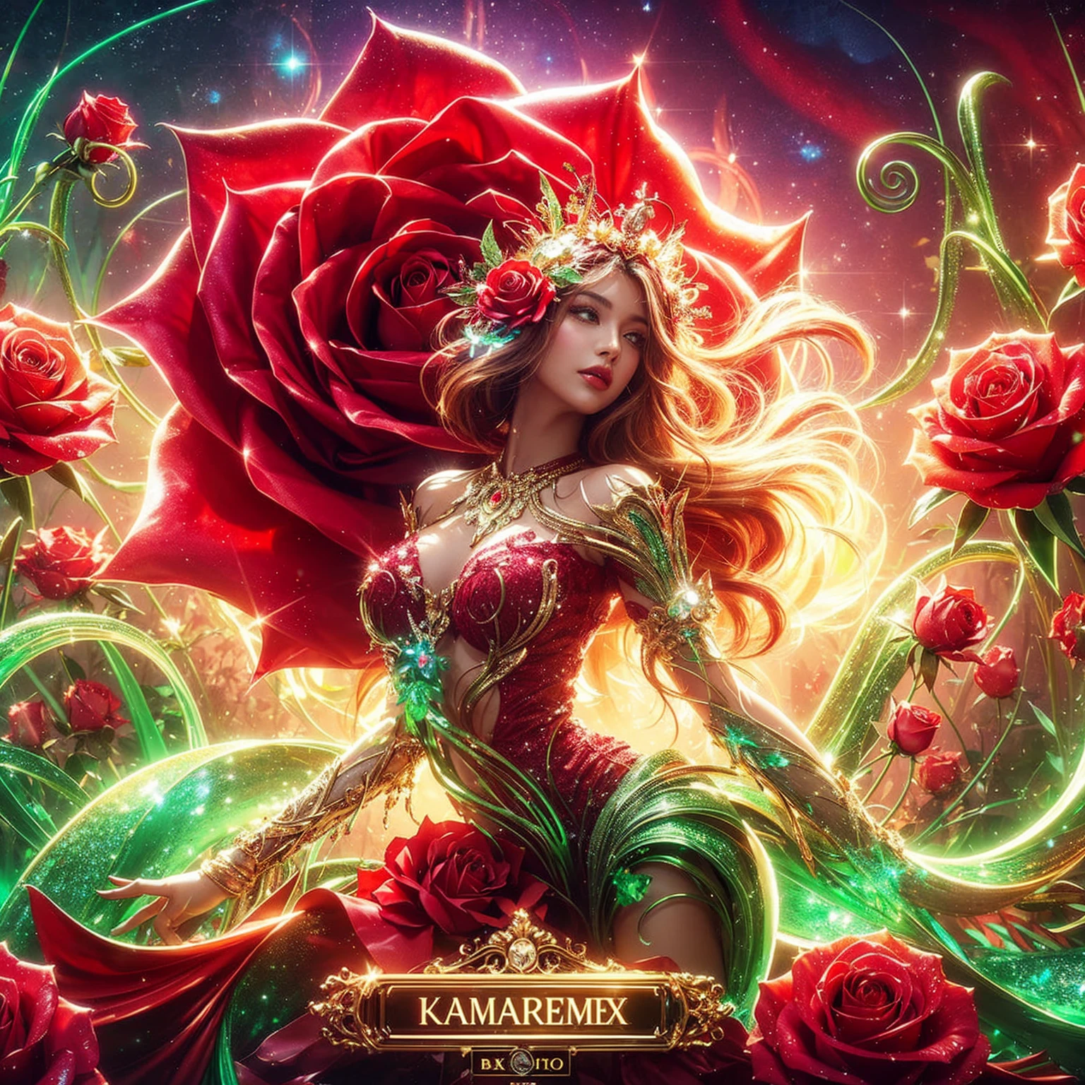 Stunning fantasy art of a Red Rose transforming into a beautiful woman, with soft curves and layered designs, sparkling green rose stems twisting around her, The figure is a mix of sparkling red and gold, and stands facing the viewer against a backdrop of a rose garden brightly shining. ther is a large sign text box that says "KAMAREMIX" in bold and shiny gold letters. with a colorful and bright palette, enhanced by the HDR effect.