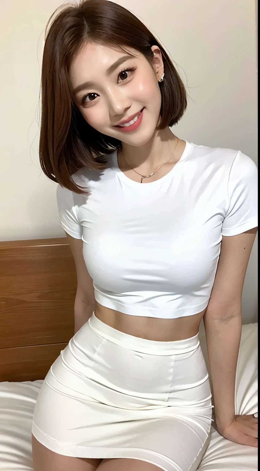 White tight shirt、White tight mini skirt、bed、smile、Short sleeve、high resolution、Korean idol face、double eyelid、White teeth、Medium Hair、Brown Hair