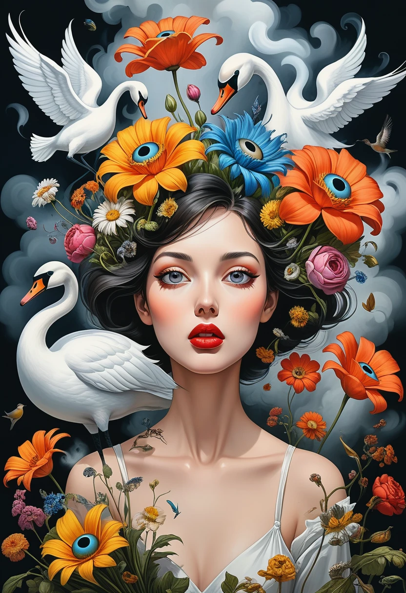 "Rafael Silveira"style,Surrealism、Absurdism、drama、Comic classics、Fantasy、Subconscious and Dreams、These are used in fantasy portraits with a bouquet of flowers、A flock of birds and wisps of smoke replace the head,A deep dive into the inner workings of the human mind。
The work combines the classical、Comic-inspired imagery and surreal themes,Looking at his works is like walking in a primeval forest,beauty、Danger、Weird and random。When translating these concepts into oil paintings,Familiar anatomical features present an unusual appearance,Eyeballs hovering like hot air balloons,Lips sticking out from the flower,The brain and the swan meet。