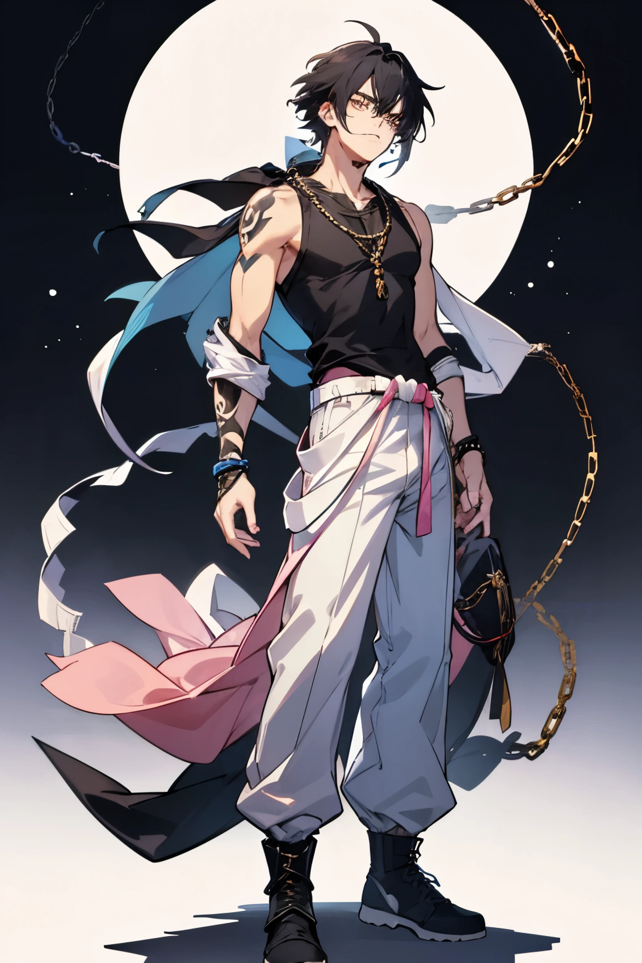 A tired young man with tied up black hair and white eyes, wearing a short, sleeveless dark haori cut off at his waist, and a pair of baggy white pants and blue rope belt to secure them at his waist. With a pair of chains of large, round, pink pearls around his ankles, black boots, handsome, curse, Tattoos on arms