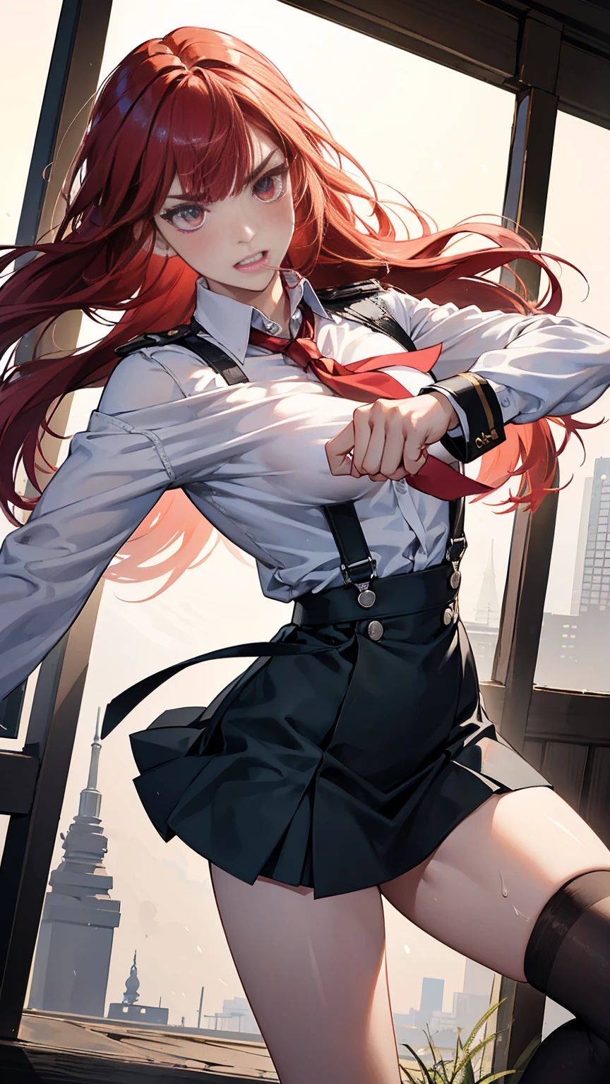 {{masterpiece}}, {{{best quality}}},{{ultra-detailed}}, {{illustration}},{{tall stature}},{{adult women}},{{Fighting stance}},,,{{blushing with anger}},,{{Long sleeve mini skirt uniform}},,,{{blushing with anger}},}{}},{fighting stance}},{},{}, ,{{}},{{Eyelet foot}},,{{From Below }},{{v-shaped eyebrows}},,{{}},{{}},,Slender body}}{{Avoidance}}{{Female police officer}},,,,suspenders ,Long sleeve mini skirt uniform, White High Socks,Black fingerless gloves, Long Red Hair, Red tie,Straight hair ,Blunt bangs,Thigh holster,.amountn loafer,,blush,Wrinkles ,amount,Grit your teeth,suffering,.,Sweat dripping,Medium chest ,get annoyed,,Slums,,Twisting,