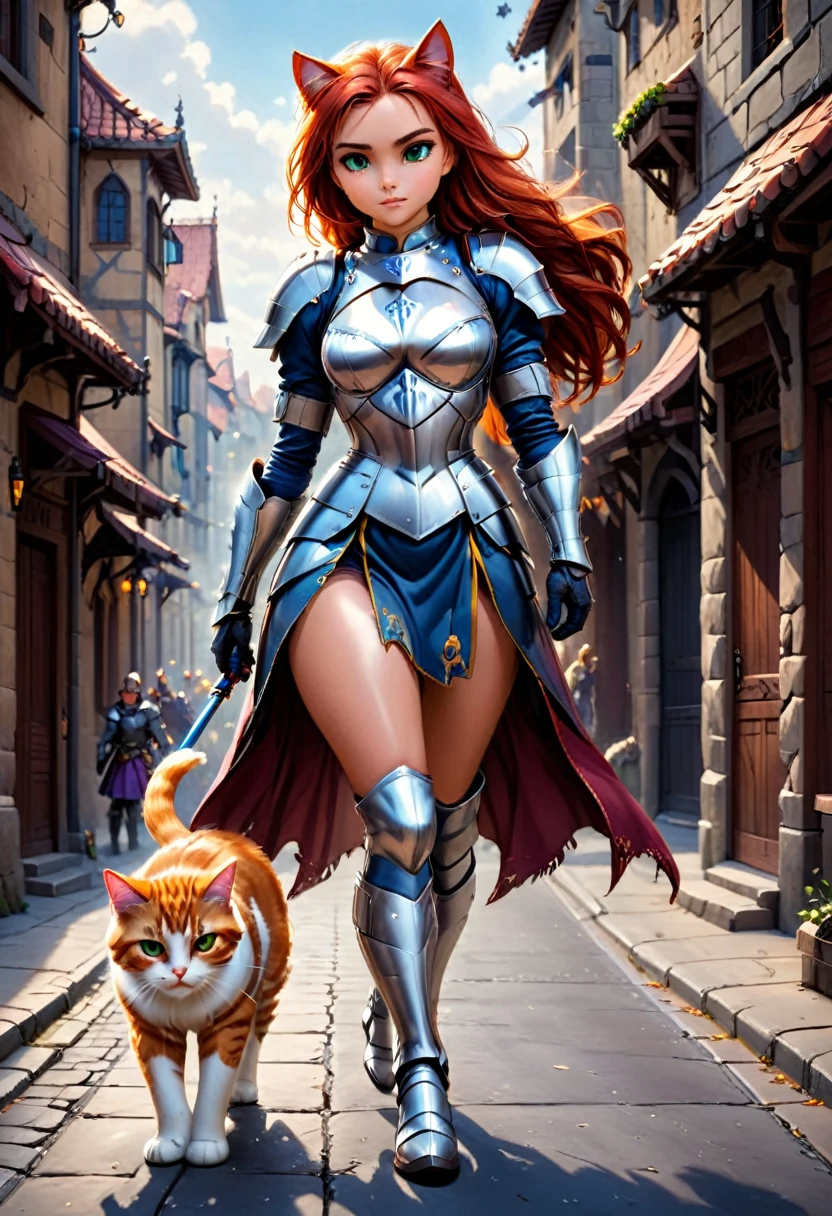 arafed a picture of knight with her epic sized cat walking near her in  fantasy street, an (epic sized cat), armored for battle, dynamic color cat BREAK a human knight, full body, ((anatomically correct: 1.5)  walking near him, female knight, red hair, long hair, hair in a pony tail, wearing knight's armor, decorated armor,  high heeled boots,  Hyperrealism style, vibrant, Ultra-high resolution, High Contrast, (masterpiece:1.5), highest quality, Best aesthetics), best details, best quality, highres, ultra wide angle, 16k, [ultra detailed], masterpiece, best quality, (extremely detailed) RAW, ArmoredDress, Amber cat eyes