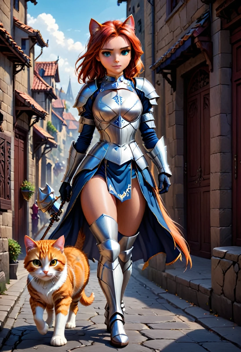arafed a picture of knight with her epic sized cat walking near her in  fantasy street, an (epic sized cat), armored for battle, dynamic color cat BREAK a human knight, full body, ((anatomically correct: 1.5)  walking near him, female knight, red hair, long hair, hair in a pony tail, wearing knight's armor, decorated armor,  high heeled boots,  Hyperrealism style, vibrant, Ultra-high resolution, High Contrast, (masterpiece:1.5), highest quality, Best aesthetics), best details, best quality, highres, ultra wide angle, 16k, [ultra detailed], masterpiece, best quality, (extremely detailed) RAW, ArmoredDress, Amber cat eyes