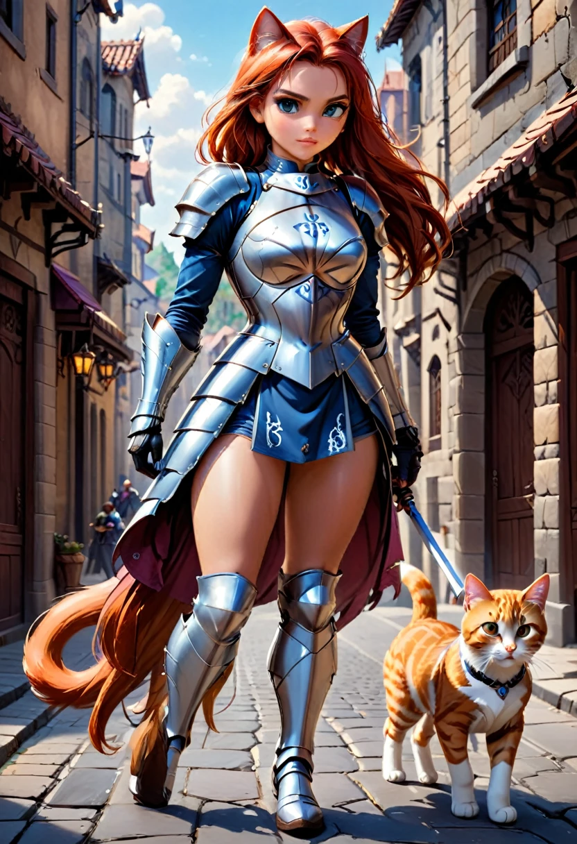 arafed a picture of knight with her epic sized cat walking near her in  fantasy street, an (epic sized cat), armored for battle, dynamic color cat BREAK a human knight, full body, ((anatomically correct: 1.5)  walking near him, female knight, red hair, long hair, hair in a pony tail, wearing knight's armor, decorated armor,  high heeled boots,  Hyperrealism style, vibrant, Ultra-high resolution, High Contrast, (masterpiece:1.5), highest quality, Best aesthetics), best details, best quality, highres, ultra wide angle, 16k, [ultra detailed], masterpiece, best quality, (extremely detailed) RAW, ArmoredDress, Amber cat eyes