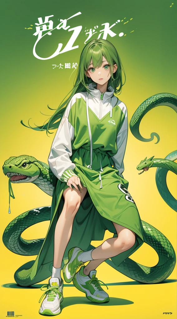 サイバーパンク, オーバーサイズパーカー, Wearing big sneakers, whole body, Simple Background, Magazine cover style, Snake themed characters, Dull green image color, Snake's Tail, The snake's tongue is sticking out of its mouth, Snake's Tongue, snake pupils, tachi-e, projected inset, UHD, best quality, highres, 8k
