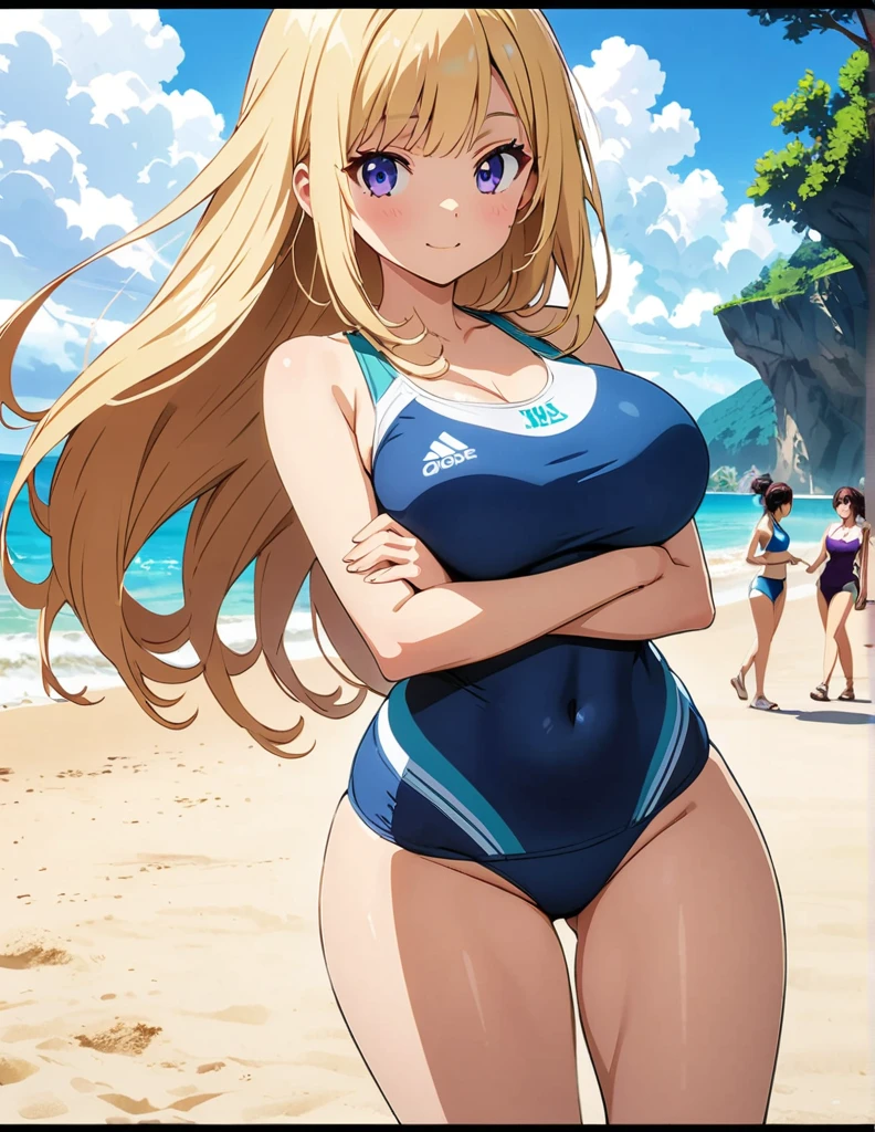 (anime artwork, anime style, studio anime, very detailed, up to date, vibrant, Anime Coloring, high contrast, masterpiece:1.2, best quality, best aesthetics),2 girl,hug from behind,swim suits, Medium chest, A glimpse of thighs,random hair, One eye is hidden by the bangs, perfect proportions, high detail skin, Cute, detailed faces,beach, precise fingers,curvy,swim suits  crowd 