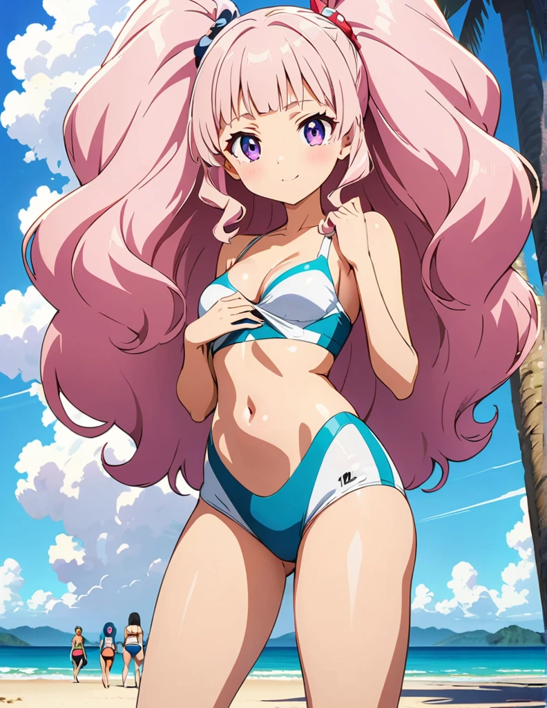 (anime artwork, anime style, studio anime, very detailed, up to date, vibrant, Anime Coloring, high contrast, masterpiece:1.2, best quality, best aesthetics),2 girl,hug from behind,swim suits, Medium chest, A glimpse of thighs,random hair, One eye is hidden by the bangs, perfect proportions, high detail skin, Cute, detailed faces,beach, precise fingers,curvy,swim suits crowd