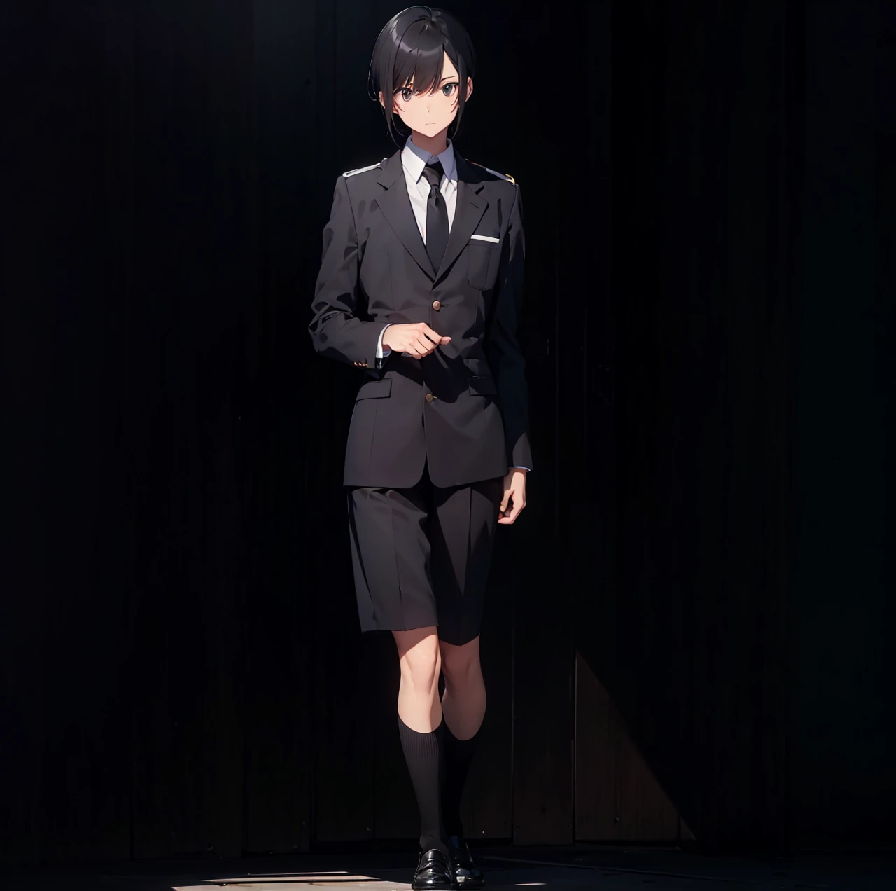 He is tall, slim, has black hair and is wearing a uniform. Black Hair