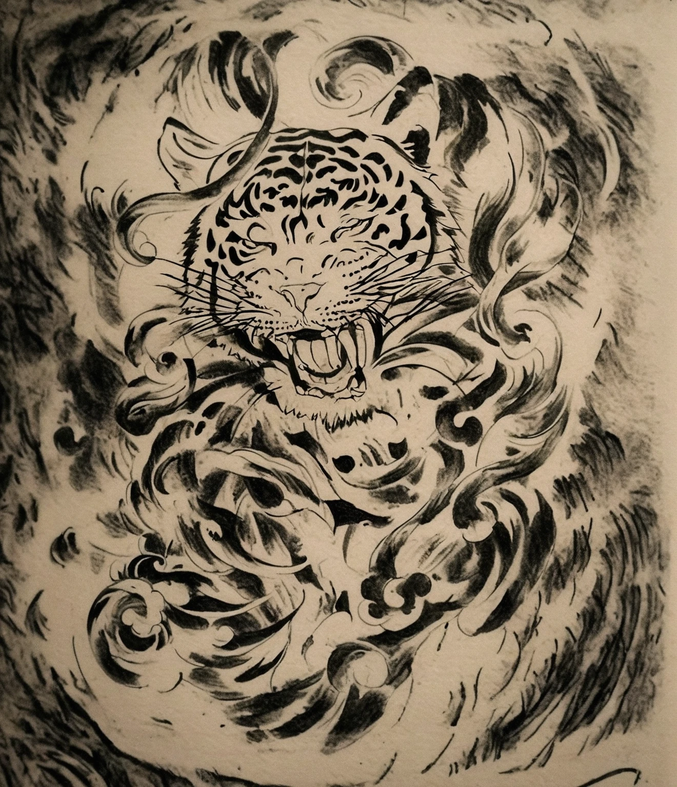 a black and white drawing of a Tiger with a cloud, Jaguar Head Tattoo Designs, Detailed bushido shaped smoke, Tattoo designs, Black and white inkスタイル, Medium size tattoo sketch, Black and gray tattoo styles, Sumi style, sacred Tiger, Tiger_beast, Left arm to back, concept Tattoo designs, Black and white ink ', Tiger head, Tiger, (((Autumn leaves effects)))