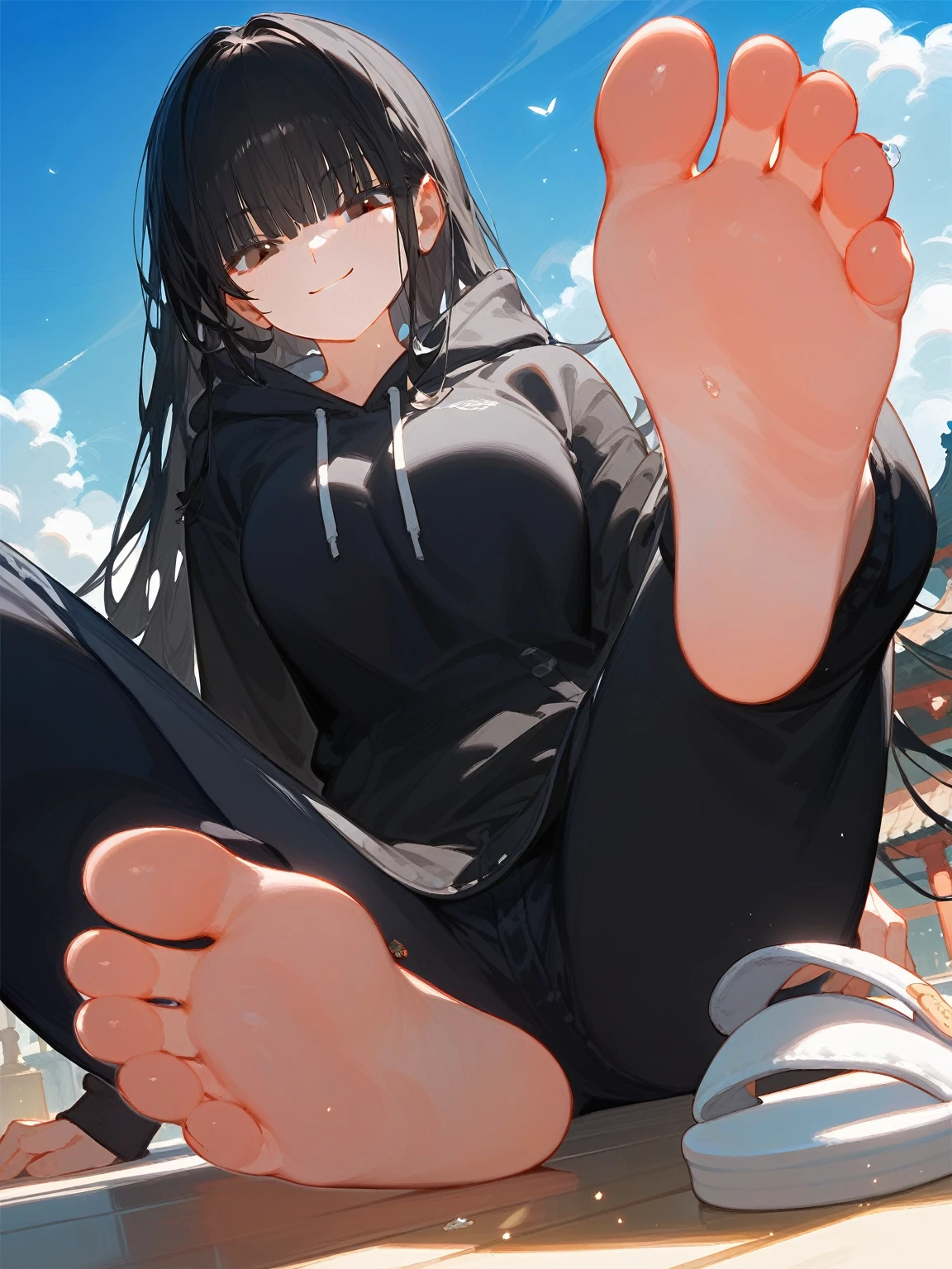Thick sweatshirt，coat，Black sweatshirt，Modern dressing style，Disheveled，很长的Bangs，Bangs遮住眼睛，齐Bangs ，blunt Bangs，Bangs，The background is in the room， Straight Hair，Long hair，best quality, Very detailed, masterpiece, Extremely detailed, illustration, Sky,Foot Focus， barefoot，black eyes，Black Hair，Two feet，There is a pair of slippers on the ground on the right side of the screen，个子Very high，Very high，Around 30 years old，Mature，Smirk，Denim shorts，