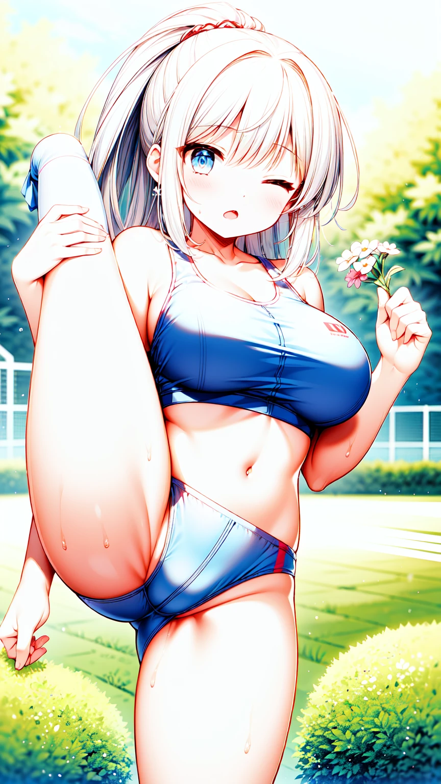 beautiful, masterpiece, best quality, extremely detailed face, perfect lighting, masterpiece, best quality, 1girl, blush, blue eyes, white hair, long hair, ponytail, buruma, sports bra, sportswears, ;o, one eyes closed, large breasts, standing, leg up, holding legs, garden, looking at viewer