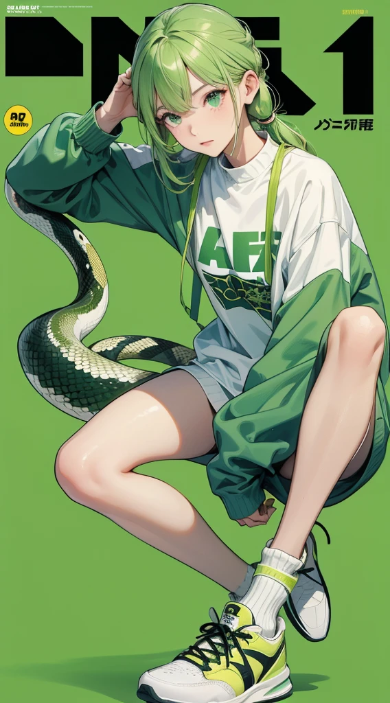 サイバーパンク, オーバーサイズパーカー, Wearing big sneakers, whole body, Simple Background, Magazine cover style, Snake themed characters, Dull green image color, Snake&#39;s Tail, The snake&#39;s tongue is sticking out of its mouth, Snake&#39;s Tongue, snake pupils, tachi-e, projected inset, UHD, best quality, highres, 8k
