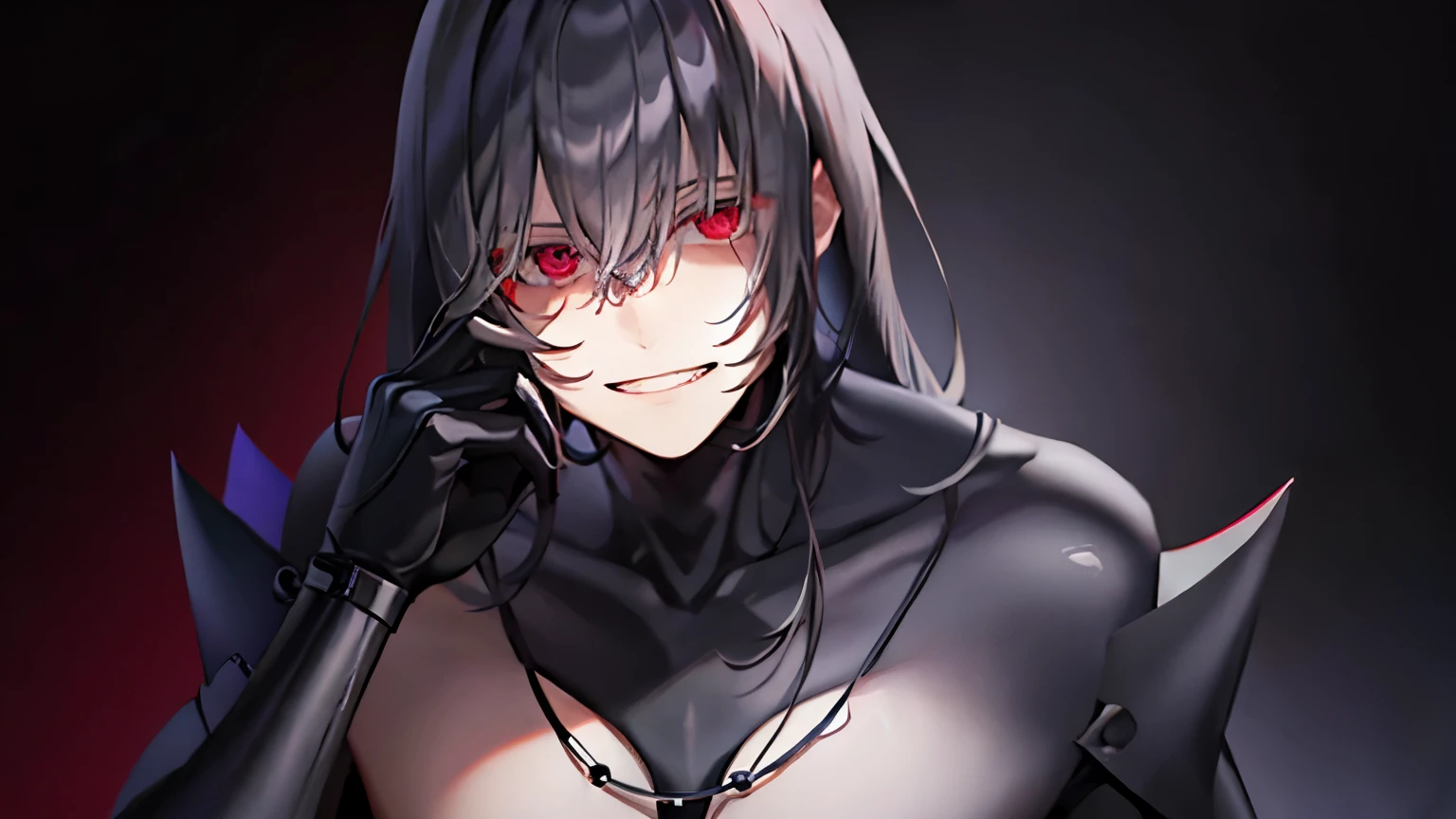 Male has black hair an red crimson eyes, is obsesive and desilusional, stalker, very jealous, possessive, with a cocky smiles.