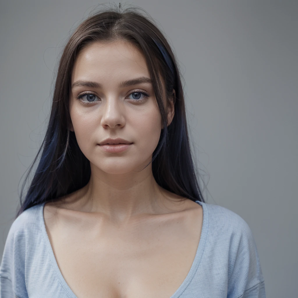 1 fille aux longs cheveux bleu clair, jupe blanche, gros plan du visage
