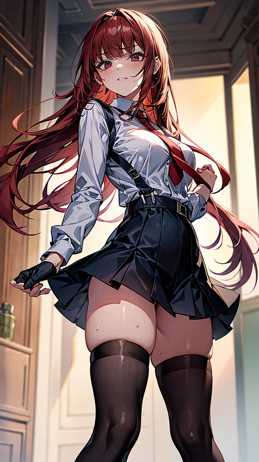 {{masterpiece}}, {{{best quality}}},{{ultra-detailed}}, {{illustration}},{{tall stature}},{{adult women}},{{Fighting stance}},,,{{blushing with anger}},,{{Long sleeve mini skirt uniform}},,,{{blushing with anger}},}{}},{fighting stance}},{},{}, ,{{}},{{Eyelet foot}},,{{From Below }},{{v-shaped eyebrows}},,{{}},{{}},,Slender body}}{{Avoidance}}{{Female police officer}},,,,suspenders ,Long sleeve mini skirt uniform, White High Socks,Black fingerless gloves, Long Red Hair, Red tie,Straight hair ,Blunt bangs,Thigh holster,.amountn loafer,,blush,Wrinkles ,amount,Grit your teeth,suffering,.,Sweat dripping,Medium chest ,get annoyed,,Slums,,Twisting,