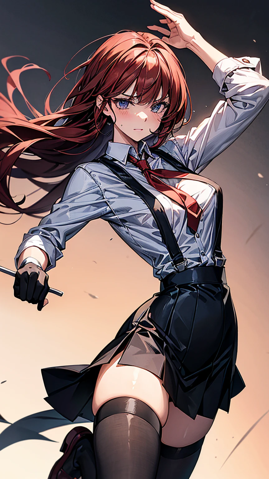 {{masterpiece}}, {{{best quality}}},{{ultra-detailed}}, {{illustration}},{{tall stature}},{{adult women}},{{Fighting stance}},,,{{blushing with anger}},,{{Long sleeve mini skirt uniform}},,,{{blushing with anger}},}{}},{fighting stance}},{},{}, ,{{}},{{Eyelet foot}},,{{From Below }},{{v-shaped eyebrows}},,{{}},{{}},,Slender body}}{{Avoidance}}{{Female police officer}},,,,suspenders　,Long sleeve mini skirt uniform, White High Socks,Black fingerless gloves, Long Red Hair, Red tie,Straight hair ,Blunt bangs,Thigh holster,.amountn loafer,,blush,Wrinkles ,amount,Grit your teeth,suffering,.,Sweat dripping,Medium chest ,get annoyed,,Slums,,Twisting,
