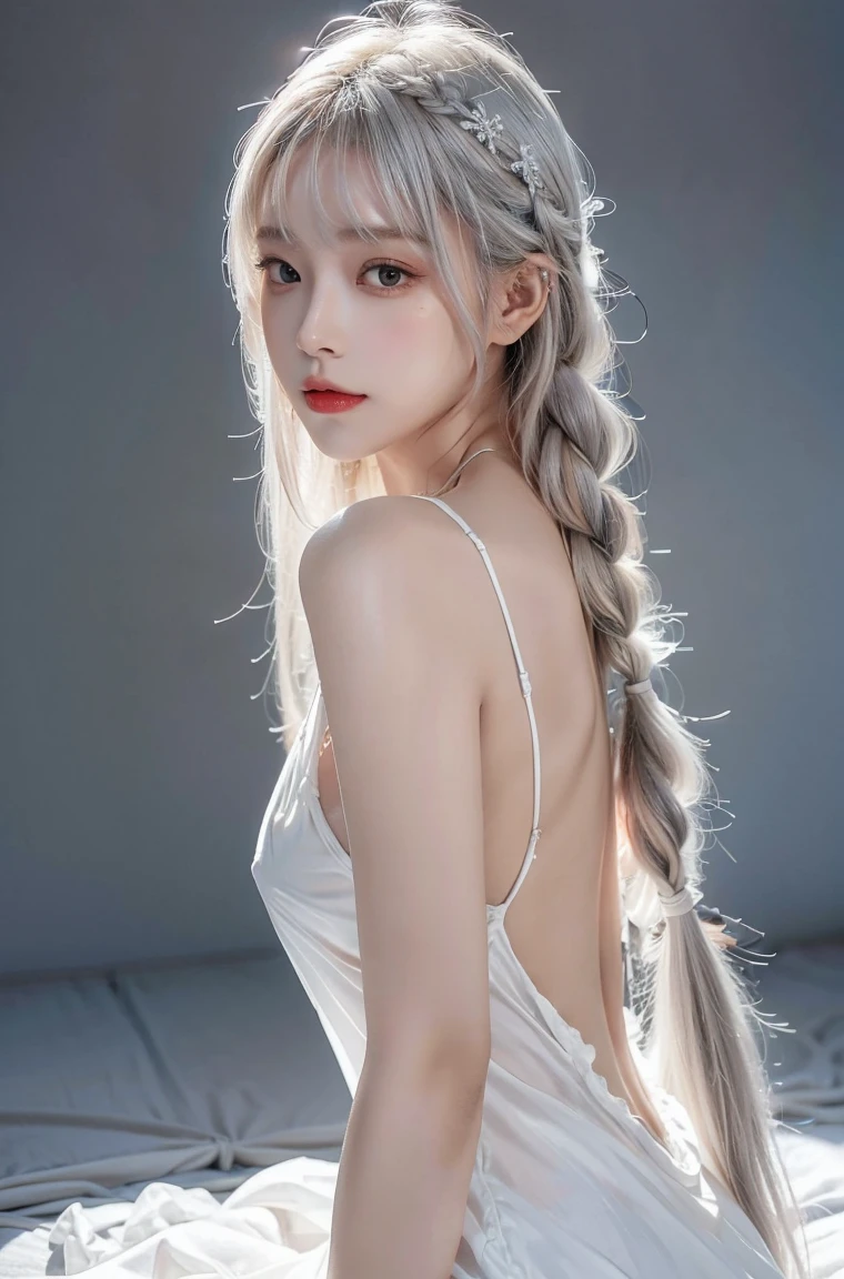 masterpiece, 1 beautiful girl, Delicate eyes, Purebred face_v1, Top quality, Ultra high resolution, (Reality: 1.4), Japanese, Korean, very beautiful, Beautiful skin, slim, (超Reality), (high resolution), (8K), (Very detailed), Delicate face, Bright Lights, Professional lighting, Looking at the audience, Face straight ahead, White backless see-through dress,big nipples, Platinum Hair, Long hair, Mixing long hair with braids, Bangs,hair accessories,
