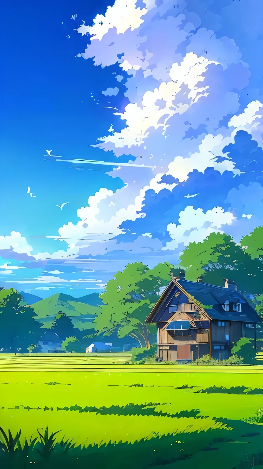 Anime Landscape of a house in a field with a bird flying overhead, Anime Background, Anime Background art, Anime rural scenery, Anime Landscape, Detailed scenery —width 672, beautiful Anime Landscape, Anime Landscape wallpaper, Anime beautiful peaceful scene, Beautiful anime scene, Anime Nature, Anime Landscape, Makoto Shinkai&#39;s style, Anime Nature wallpap，Back view of two people in suits