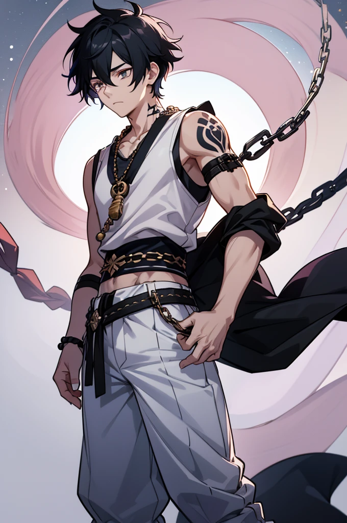 A tired young man with tied up black hair and white eyes, wearing a short, sleeveless dark haori cut off at his waist, and a pair of baggy white pants and blue rope belt to secure them at his waist. With a pair of chains of large, round, pink pearls around his ankles, black boots, handsome, curse, Tattoos on arms