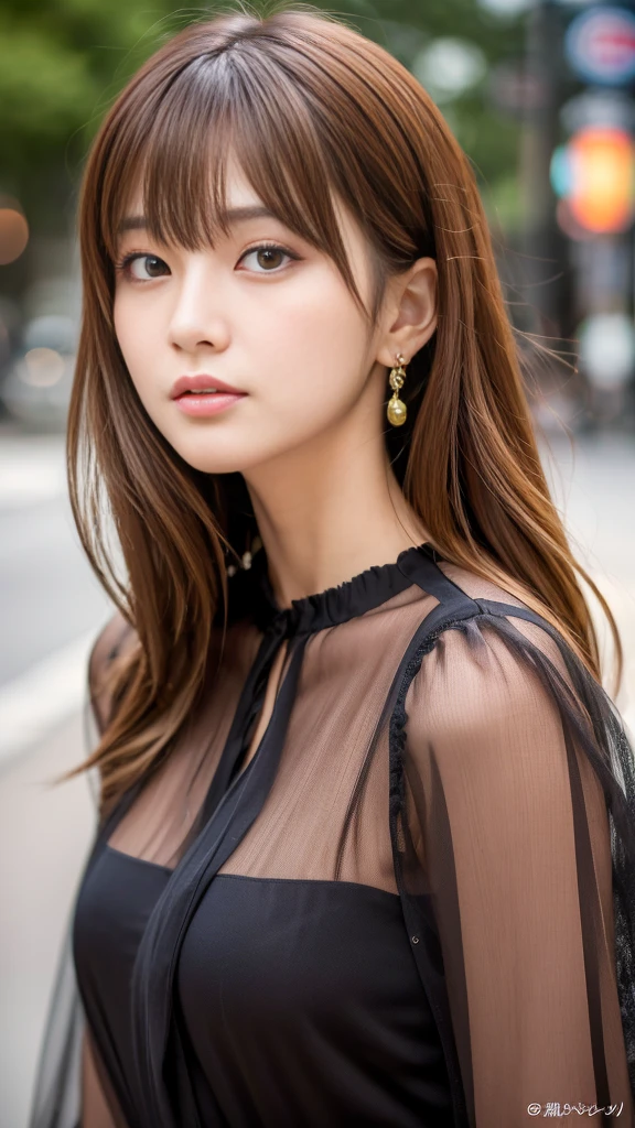 Ultra High Definition, Superior Quality, Premier Quality, ultra detailed, Photorealistic, 8k, RAW Photos, highest quality, masterpiece, Attractive girl, Stunning girl, Brown Hair, Shoulder Length Layered, asymmetrical bangs, Japanese Idol, Sophisticated, Stylish, embarrassed, blouse, Shibuya,