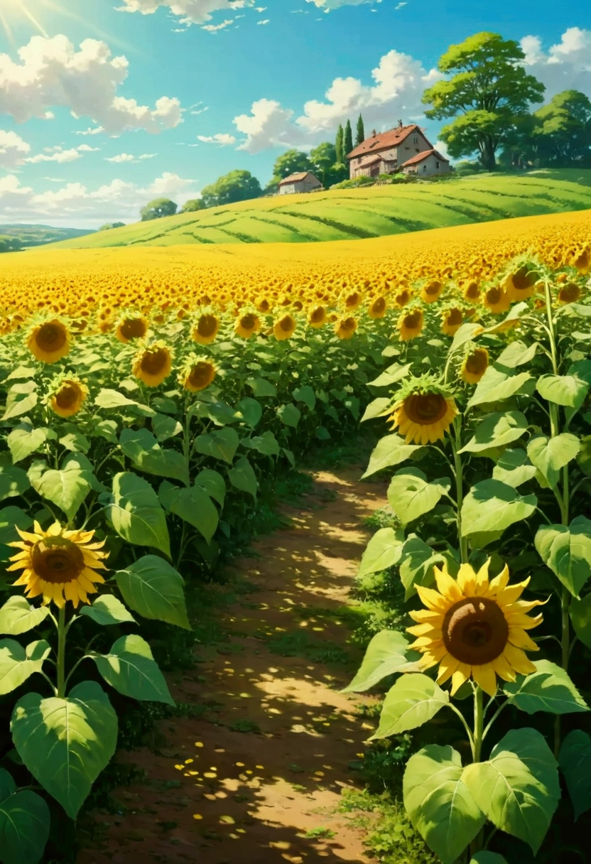 Ghibli　summer　Hills in the countryside　Sunflower field