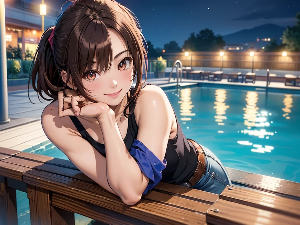 (masterpiece、Highest quality:1.2),Frame In、 Cowboy Shot, solo, One Girl, Seeing the viewer, (Highest quality, 8k, oil, Tabletop:1.2), Very detailed, (Realistic, Realistic:1.37), Vibrant colors, Pink Tank Top、Black ide Ponytail、Brown Hair、smile、Night Pool、Pool at night、