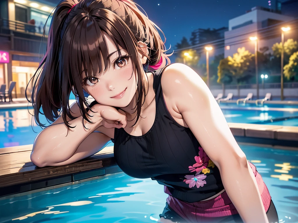 (masterpiece、Highest quality:1.2),Frame In、 Cowboy Shot, solo, One Girl, Seeing the viewer, (Highest quality, 8k, oil, Tabletop:1.2), Very detailed, (Realistic, Realistic:1.37), Vibrant colors, Pink Tank Top、Black ide Ponytail、Brown Hair、smile、Night Pool、Pool at night、