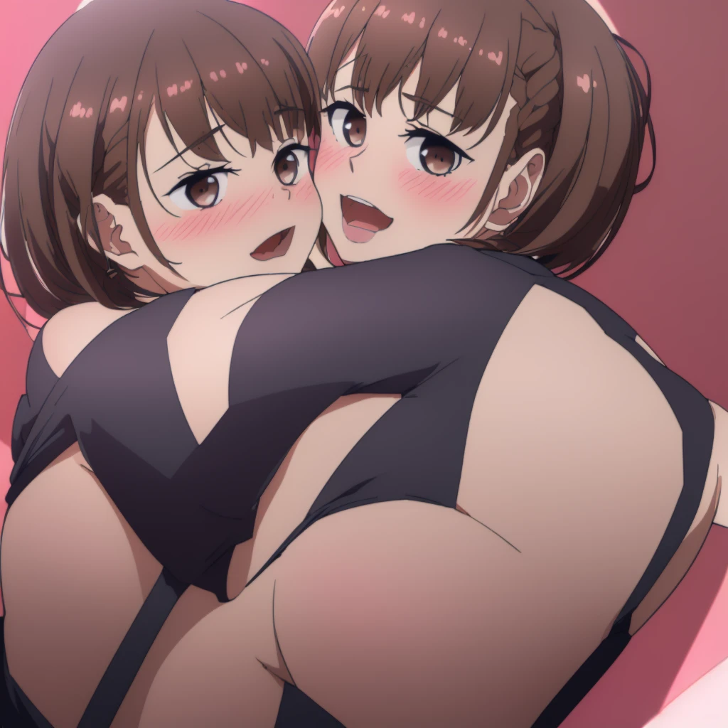 (perfect body),De la máxima caliDaD,(8K Portrait),(official art)、(NSFW)、embarrassing、:D、(un ojo esta cerraDo)、(((blush))),(suDor),(pechos granDes)、((big ass))、(Brown hair),((short hair))、(cantiDaD)、((flequillo partiDo)), (the eyes are brown),(((Muslos gruesoicrobikini ajustaDo gris)、( meDias largas hasta los muslos grises)、((brazos por encima De la cabeza))、armpit、rubio、naughty pose.