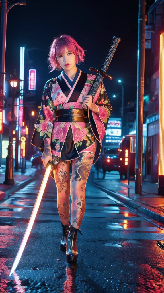 Beautiful Chinese woman, (16 years old), cute face, red lips, white moist skin, moles, (under-eye bags),
BREAK,
Feminine body with high athletic ability, Body of a female fitness model, Feminine body with hard tones, (Muscles: 1.2), (Beautiful belly button),
BREAK,
Fighter, Kung Fu fighter, Idol, (Yakuza), (Yakuza),
BREAK,
(Wearing a cute black kimono: 1.3), (Kimono with a lot of exposure), (Stiletto heels, black long boots 1.3), necklace, very large earrings, short length,
BREAK,
Short hair, (Short bob hair), (Bangs: 1.2), (Pink hair: 1.3), (Wavy hair),
BREAK,
(Very large Japanese sword: 1.4), (Holding the handle of a Japanese sword: 1.3), (Fighting: 1.2), (Getting into a fighting stance), (Beautiful blade of a Japanese sword: 1.2)
BREAK,
(Japanese tattoo: 1.4),
BREAK,
Masterpiece, Perfect lighting, Ultra high resolution, 8K, (Highly detailed: 1.4), (From the front), Looking at the camera, Melancholic expression,
BREAK,
(Tokyo city, lots of people in the background: 1.2), Shibuya city background in Tokyo, Japan, (Neon lights: 1.2)