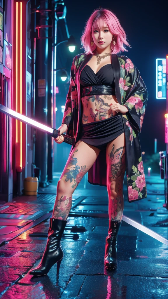 Beautiful Chinese woman, (16 years old), cute face, red lips, white moist skin, moles, (under-eye bags),
BREAK,
Feminine body with high athletic ability, Body of a female fitness model, Feminine body with hard tones, (Muscles: 1.2), (Beautiful belly button),
BREAK,
Fighter, Kung Fu fighter, Idol, (Yakuza), (Yakuza),
BREAK,
(Wearing a cute black kimono: 1.3), (Kimono with a lot of exposure), (Stiletto heels, black long boots 1.3), necklace, very large earrings, short length,
BREAK,
Short hair, (Short bob hair), (Bangs: 1.2), (Pink hair: 1.3), (Wavy hair),
BREAK,
(Very large Japanese sword: 1.4), (Holding the handle of a Japanese sword: 1.3), (Fighting: 1.2), (Getting into a fighting stance), (Beautiful blade of a Japanese sword: 1.2)
BREAK,
(Japanese tattoo: 1.4),
BREAK,
Masterpiece, Perfect lighting, Ultra high resolution, 8K, (Highly detailed: 1.4), (From the front), Looking at the camera, Melancholic expression,
BREAK,
(Tokyo city, lots of people in the background: 1.2), Shibuya city background in Tokyo, Japan, (Neon lights: 1.2)