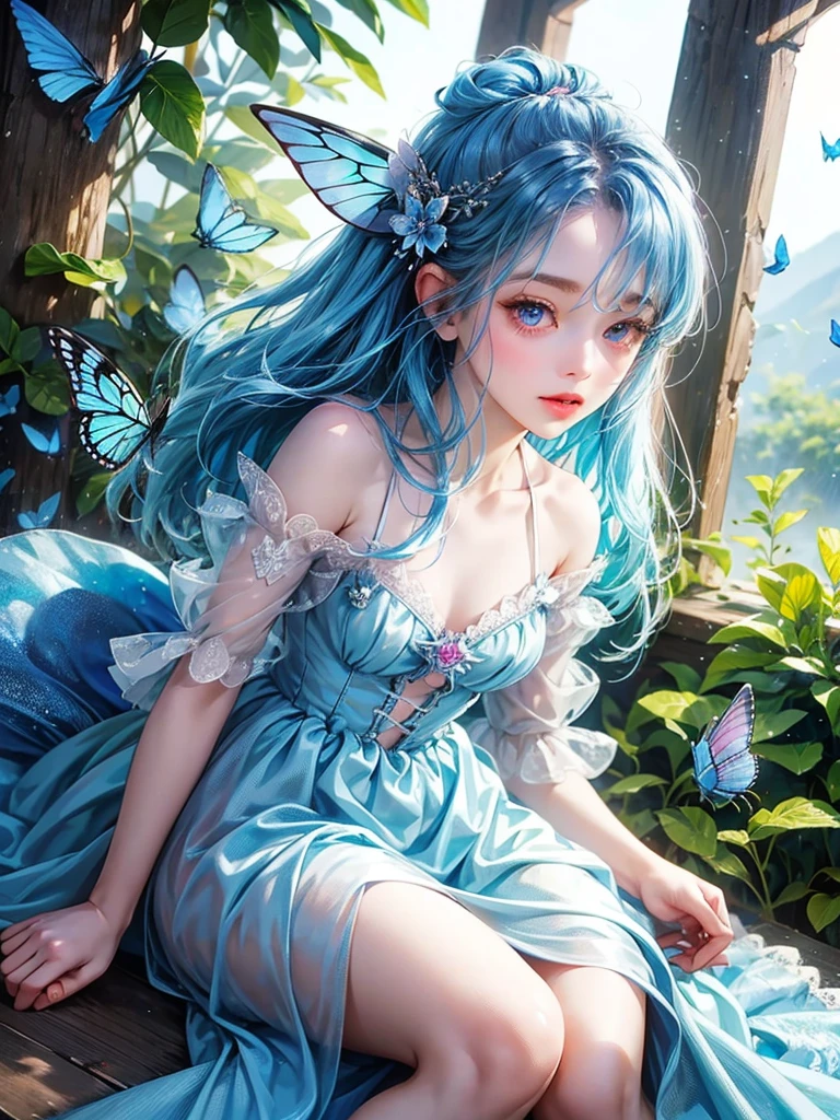 cute little Fairy, blue butterfly, blue hair, pink eyes, blue dress 尖った耳 花のドレス