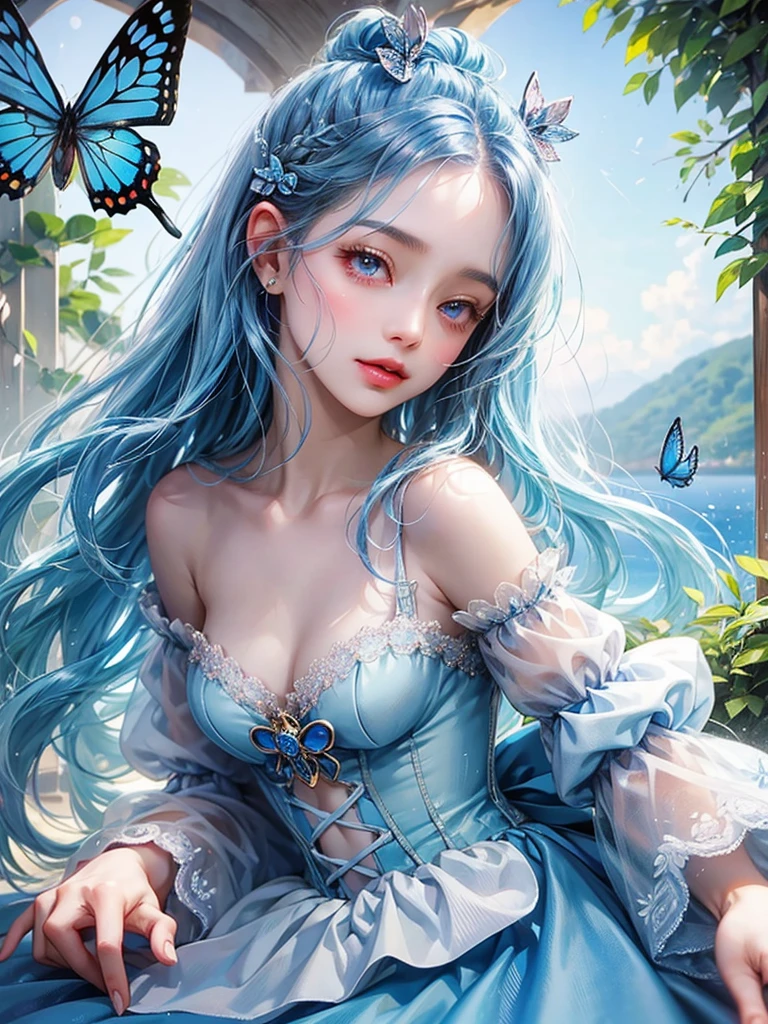 cute  Fairy, blue butterfly, blue hair, pink eyes, blue dress 尖った耳 花のドレス