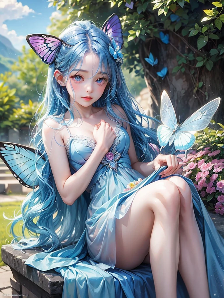 cute little Fairy, blue butterfly, blue hair, pink eyes, blue dress 尖った耳 花のドレス