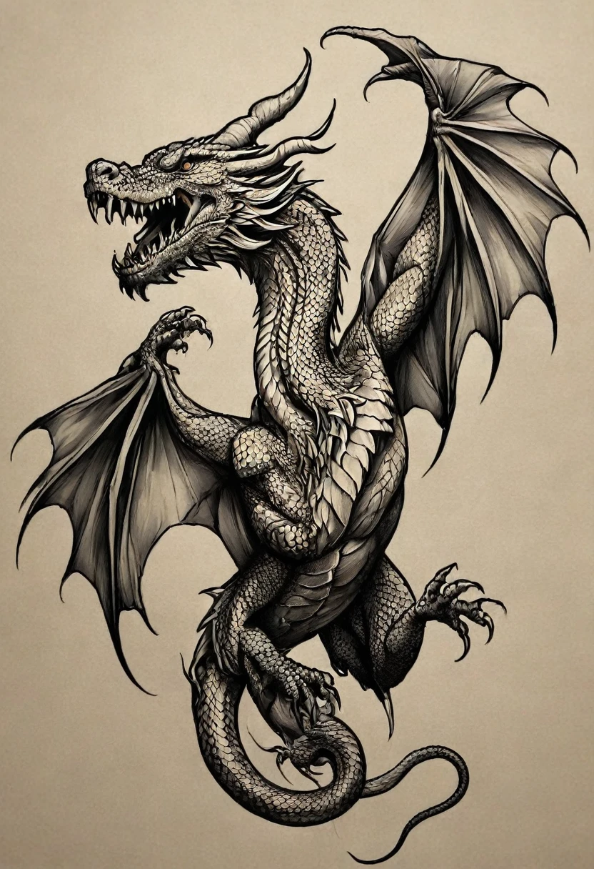 a close up of a Dragon with a large head and a large tail, majestic japanese Dragon, Dragon with scars, Dragon, detailed Dragon, Dragon body, a Dragon, black Dragon, Detailed bushido shaped smoke, Tattoo designs, Dragon art, Medium size tattoo sketch, smooth chinese Dragon, Very detailed and sharp, ''Dragon breathing fire, shohei otomo, ((Autumn leaves effects))