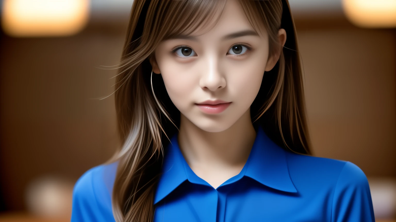 (masterpiece:1.3), (8k), (Highest quality:1.4), (Ultra-high resolution), (Realistic), (RAW Photos), (One girl), (Ultra high definition), (Detailed face), Perfect Face, (Detailed Hair), Beautiful Hair, bangs, Layered Cut, (Symmetrical eyes:1.3), (Detailed eyes), (Detailed skin), Realistic Skin, Ultra-high resolution, (Medium chest:0.6), (Slim figure), (supermodel figures), Cute Japanese Girls,
(Wearing an Iron Blue damask shirt), Earrings, necklace,
Portraiture, Photographed inside the cafe:1.3, Cinema Lighting:1.4