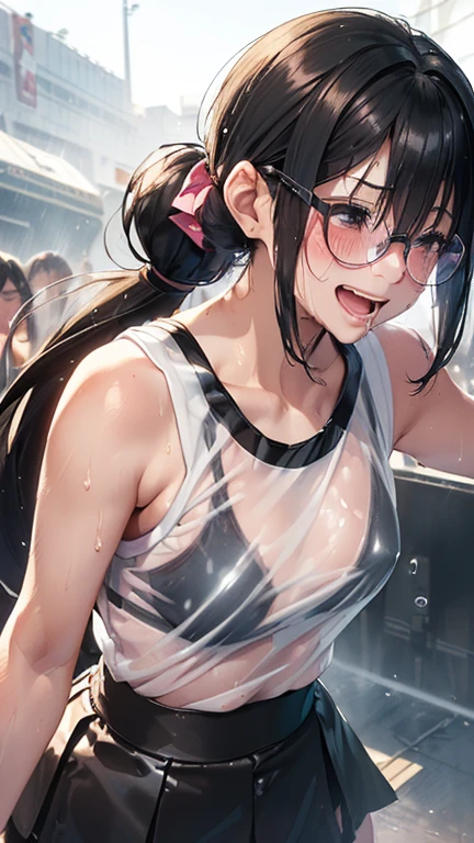 1 female,Black Hair,Age 25,(((Blue shiny micro tight skirt)))((White tank top))(((blush、Laughing with your mouth open)),(((Straight hair))),(((Portraiture))),crowd,,(Wet with sweat)(Sexy black bra and see-through tank top)(Glasses)(((Small breasts)))((Low Ponytail))